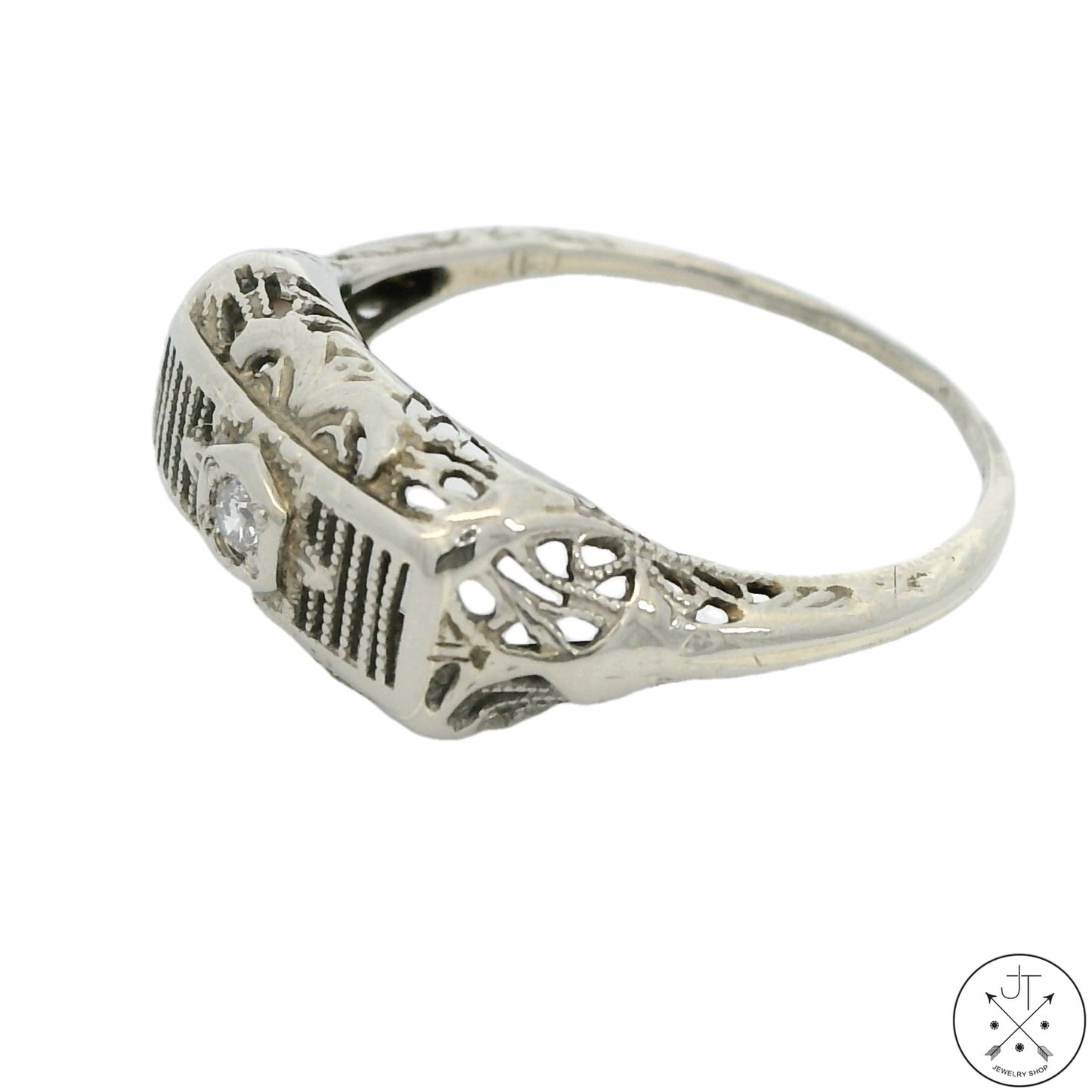 Antique 14k White Gold Filigree Bar Ring with Diamond Size 6.25 Vintage
