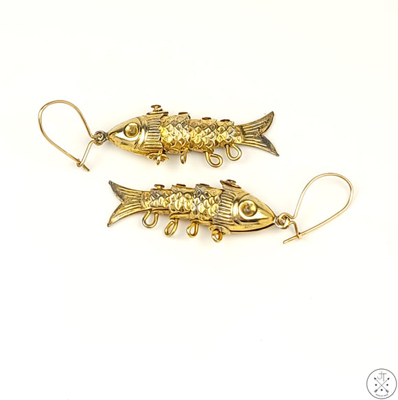 Vintage Gold Plated and 14k Yellow Gold Articulated Fish Dangle Earrings
