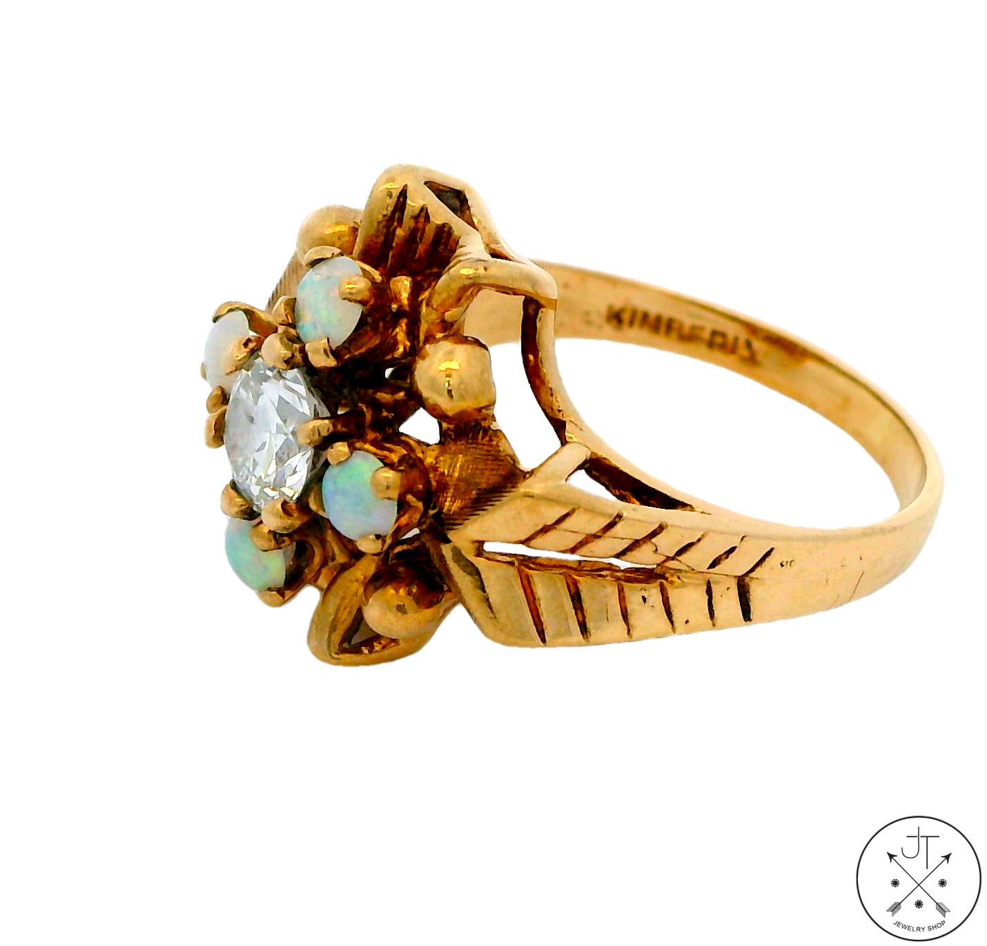 Antique 10k Yellow Gold Ring with 1/2 carat Old Euro Diamond and Opal Size 5.5