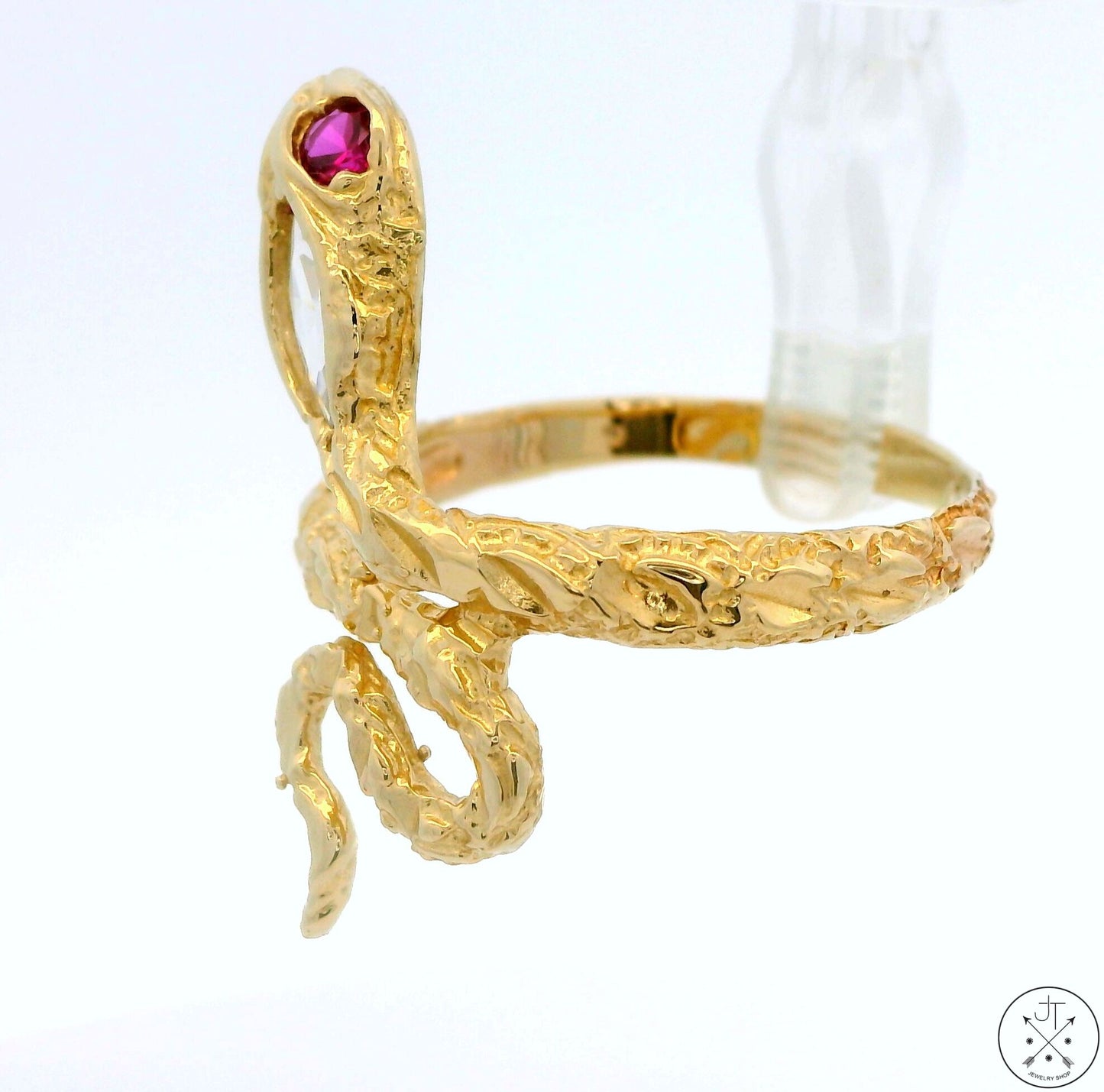 14k Yellow Gold Snake Ring with Pink Spinel and CZ Size 10.75 Band