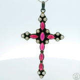 Vintage Sterling Silver Cross Pendant Rhodolite Garnet and Pearl Large