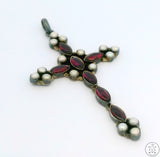 Vintage Sterling Silver Cross Pendant Rhodolite Garnet and Pearl Large