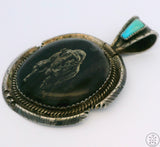Vintage Signed Navajo Sterling Silver Bison Pendant Sandy Sangster Two Feathers Large