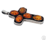 Vintage Sterling Silver Cross Pendant with Baltic Amber Cabochons