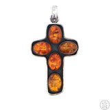 Vintage Sterling Silver Cross Pendant with Baltic Amber Cabochons