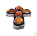 Vintage Sterling Silver Cross Pendant with Baltic Amber Cabochons