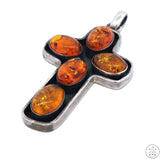 Vintage Sterling Silver Cross Pendant with Baltic Amber Cabochons