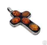 Vintage Sterling Silver Cross Pendant with Baltic Amber Cabochons