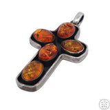 Vintage Sterling Silver Cross Pendant with Baltic Amber Cabochons