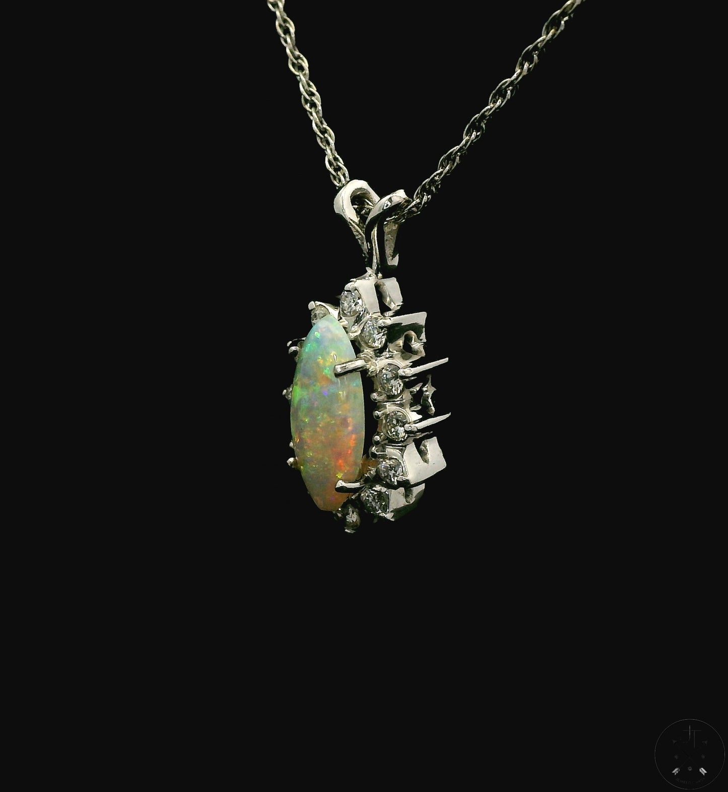 14k White Gold Pendant Necklace with Opal and Diamonds 18 inch