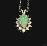 14k White Gold Pendant Necklace with Opal and Diamonds 18 inch