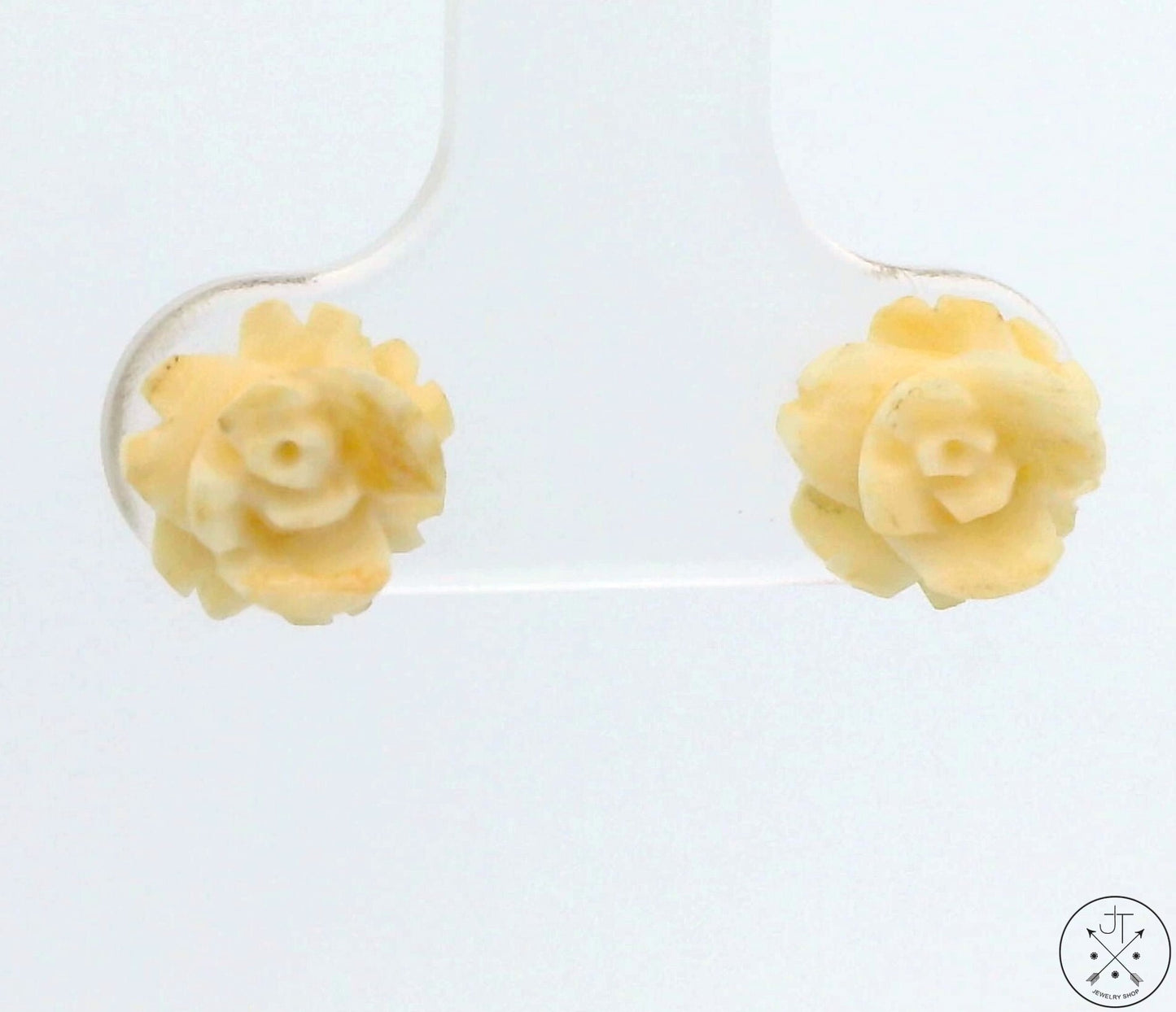 Vintage 14k Yellow Gold Stud Earrings with Bone Flower Rose
