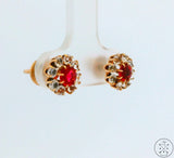 Vintage 14k Yellow Gold Stud Earrings Screw Back Red and White Glass