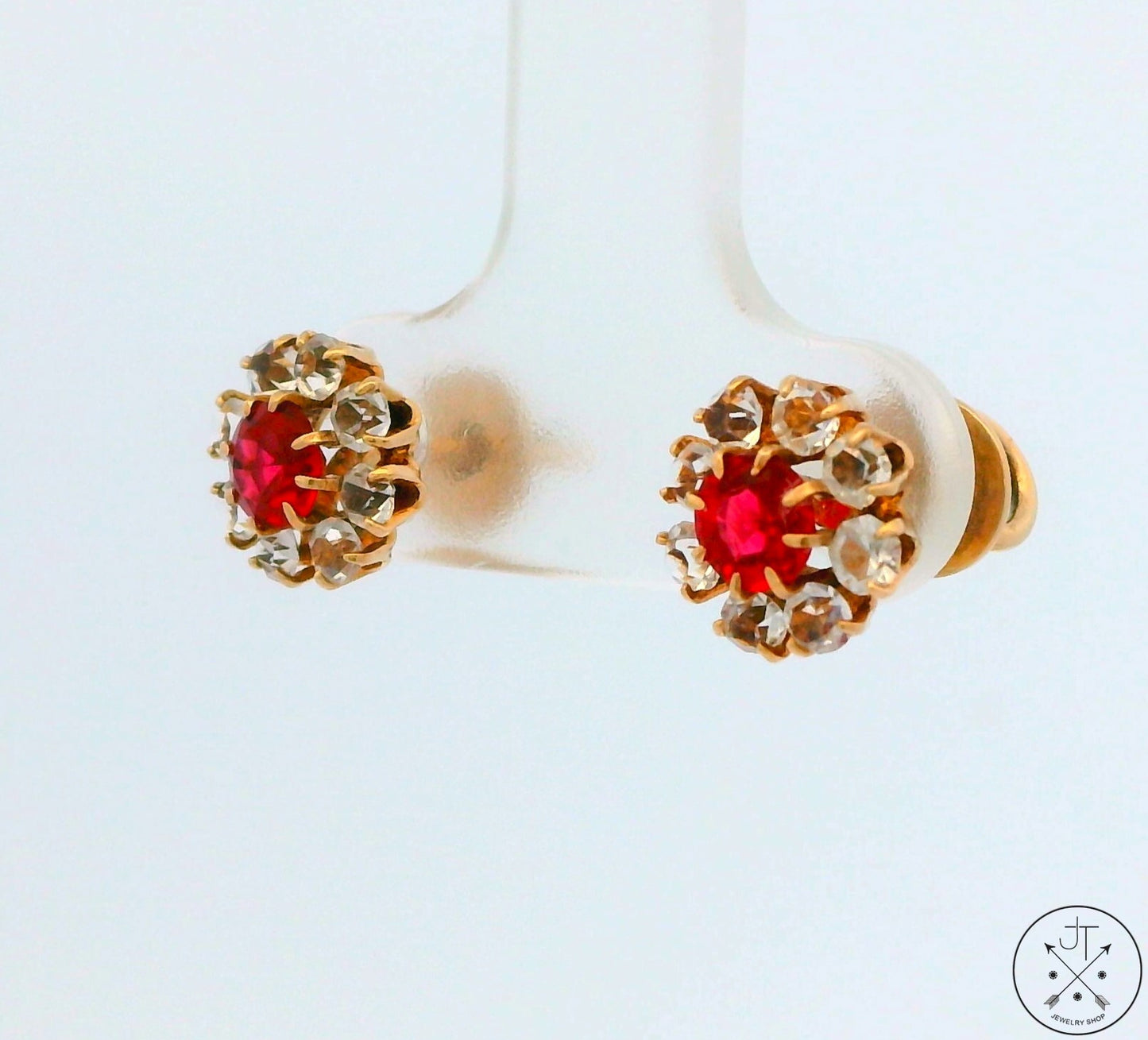 Vintage 14k Yellow Gold Stud Earrings Screw Back Red and White Glass