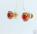 Vintage 14k Yellow Gold Stud Earrings Screw Back Red and White Glass