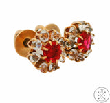 Vintage 14k Yellow Gold Stud Earrings Screw Back Red and White Glass