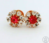 Vintage 14k Yellow Gold Stud Earrings Screw Back Red and White Glass