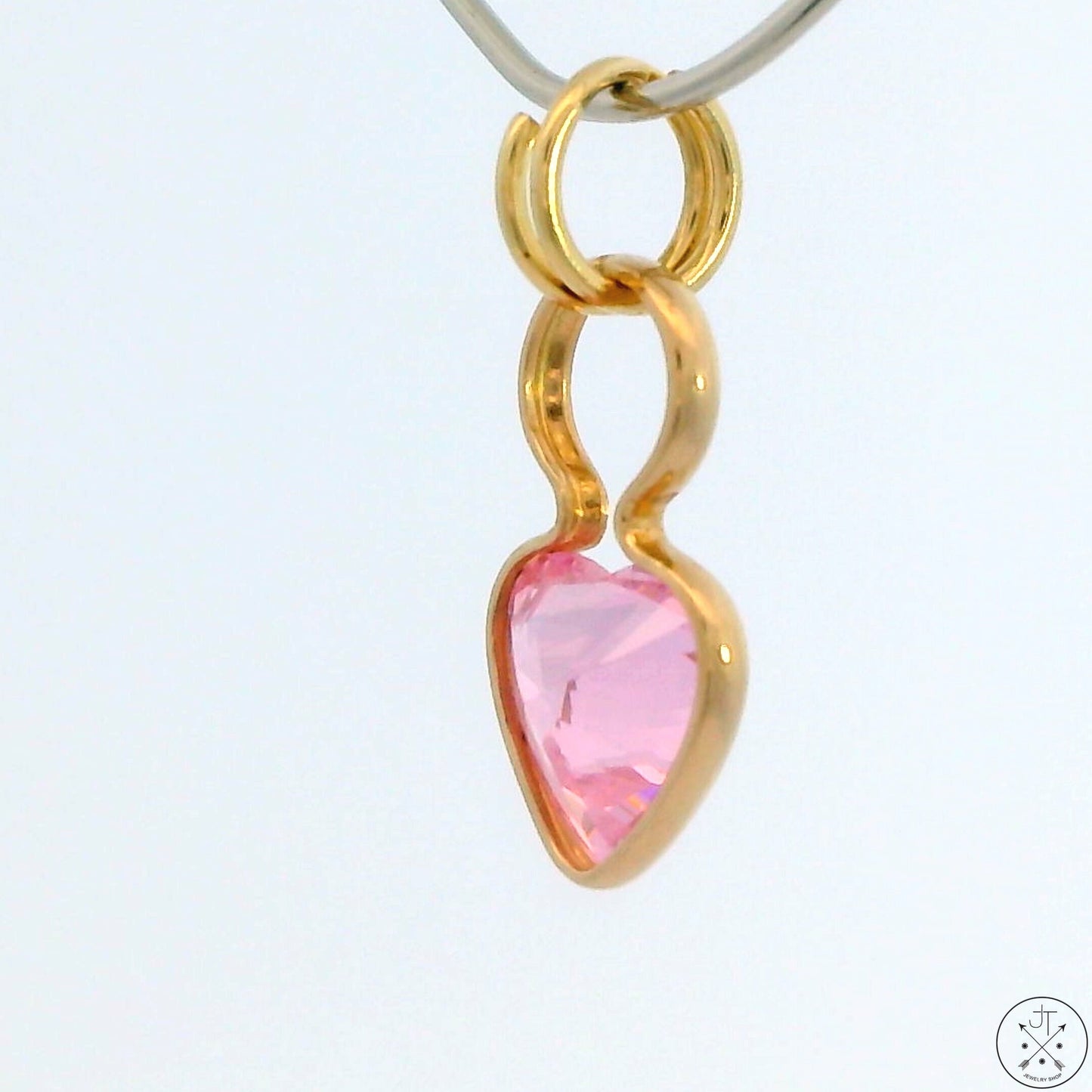 New 14k Yellow Gold Drop Pendant with Pink Glass Heart Charm Keyring Split Ring