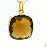 New Sterling Silver Pendant with Square Checkerboard Smoky Quartz 2.3 gram Gold Tone