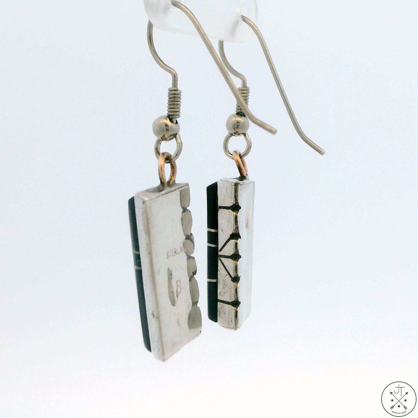 Vintage Navajo Sterling Silver Dangle Earrings Onyx Inlay Signed