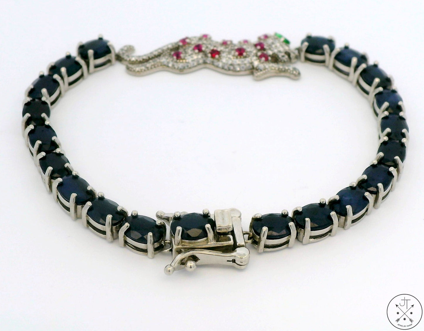 New Sterling Silver Tennis Bracelet 8 Inch with Natural Sapphire Panther