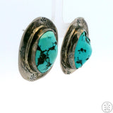 Converted Heavy Sterling Silver Drop Earrings Stud Post Concho Turquoise Unsigned