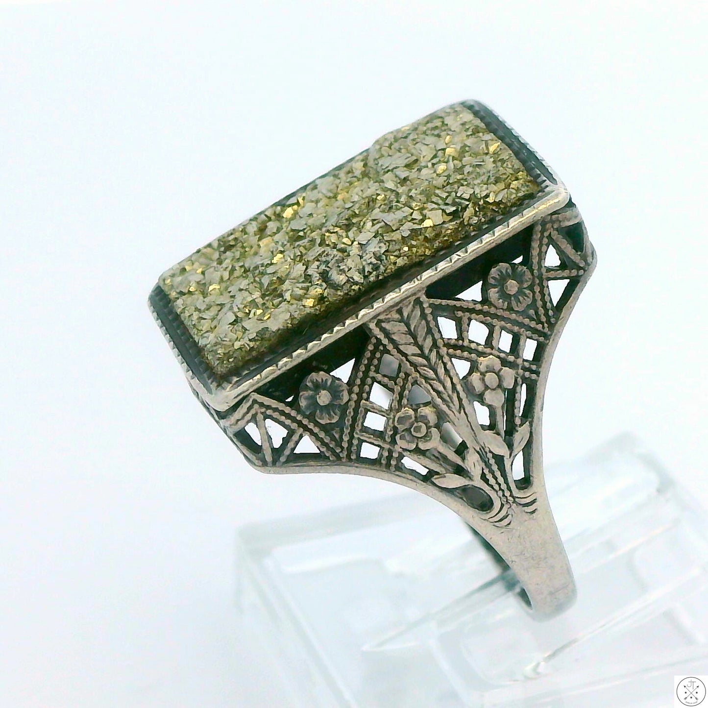 Vintage Sterling Silver Filigree Ring with Iron Pyrite Size 7.5