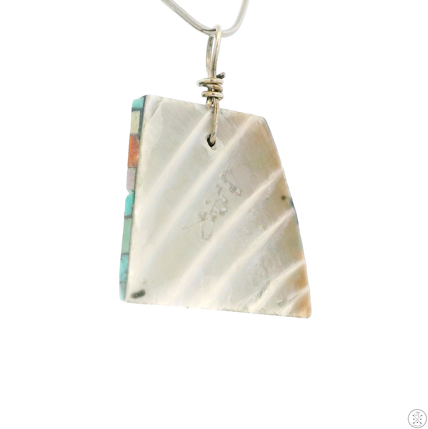 Vintage Kewa Inlay Pendant Signed Joe Reano Sterling Turquoise Oyster Shell Mosaic