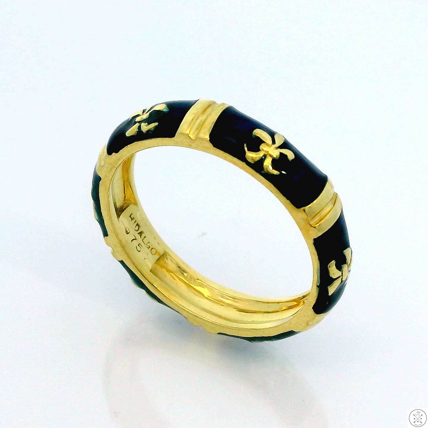 Hidalgo 18k Yellow Gold 4.9 mm Blue Enamel Band Size 9.5 Fleur-de-lis Vintage