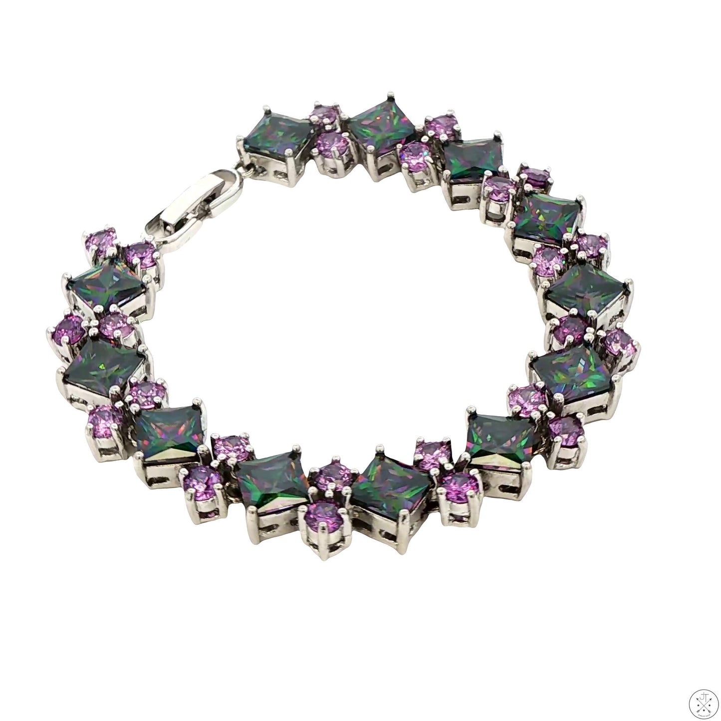 Sterling Silver Tennis Style Bracelet 7.25 Inch with Bright Colored Glass