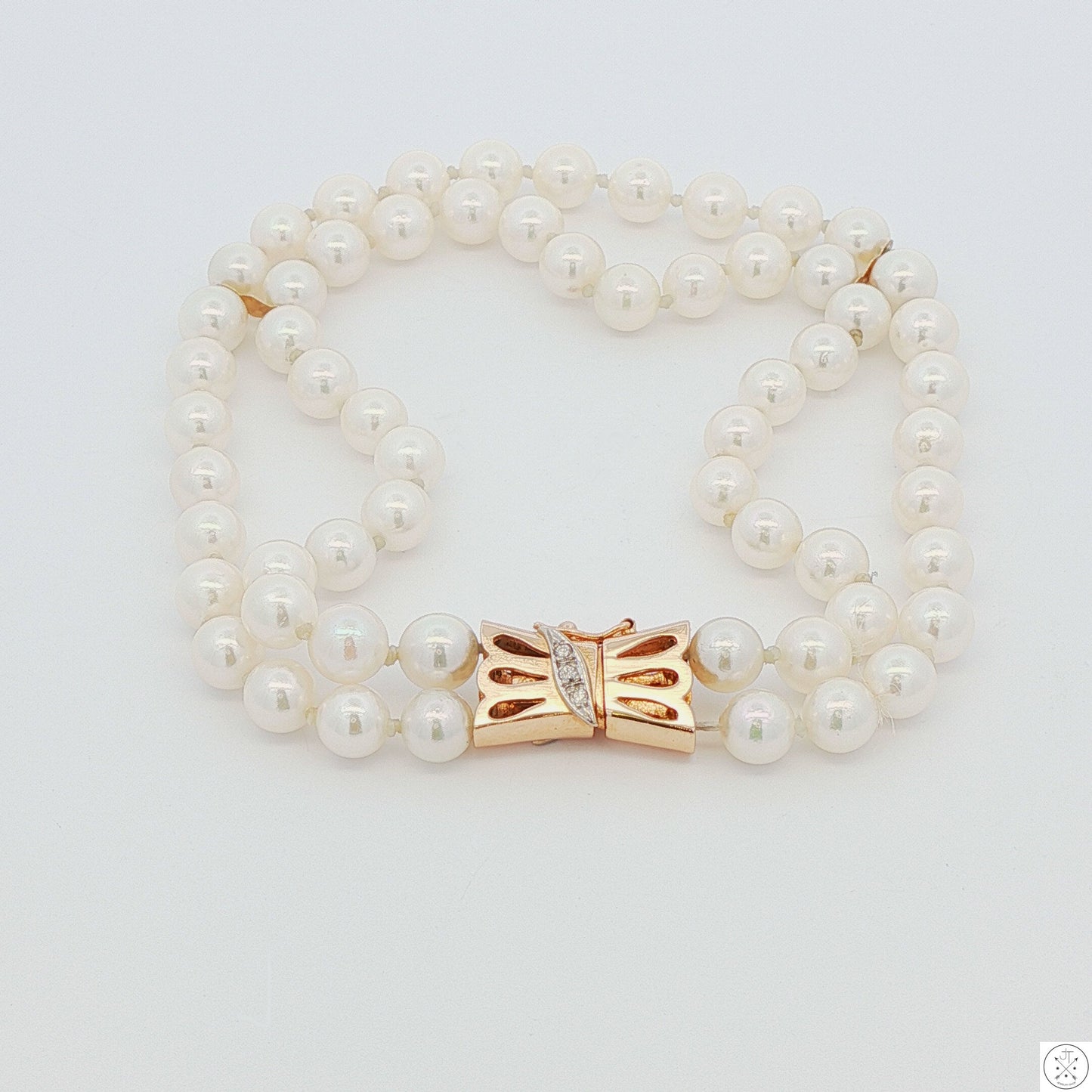 Vintage 14k Yellow Gold 8 Inch Pearl Bracelet 2-Row Natural Diamonds