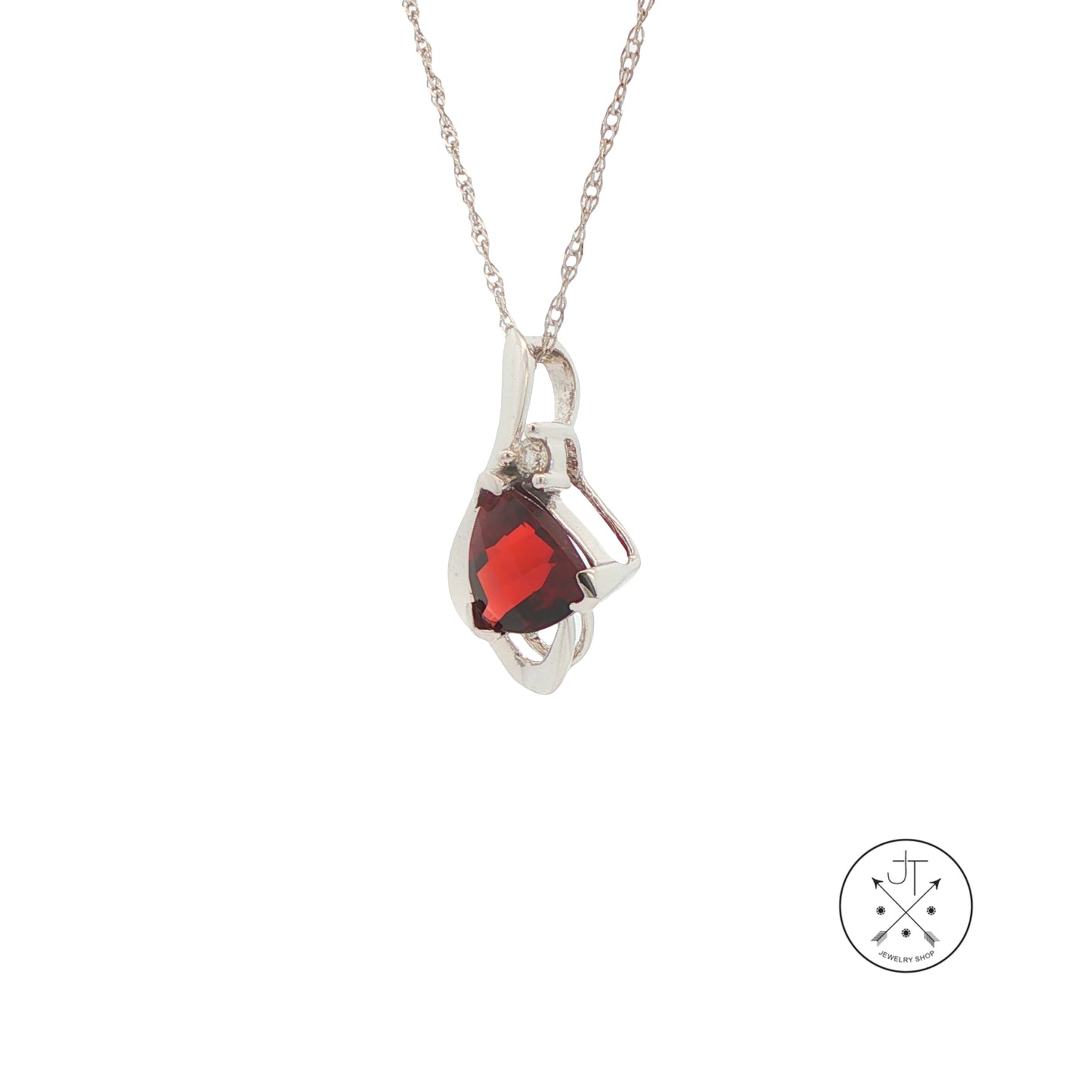 14k White Gold Pendant Necklace with Natural Garnet and Diamond 18 inch