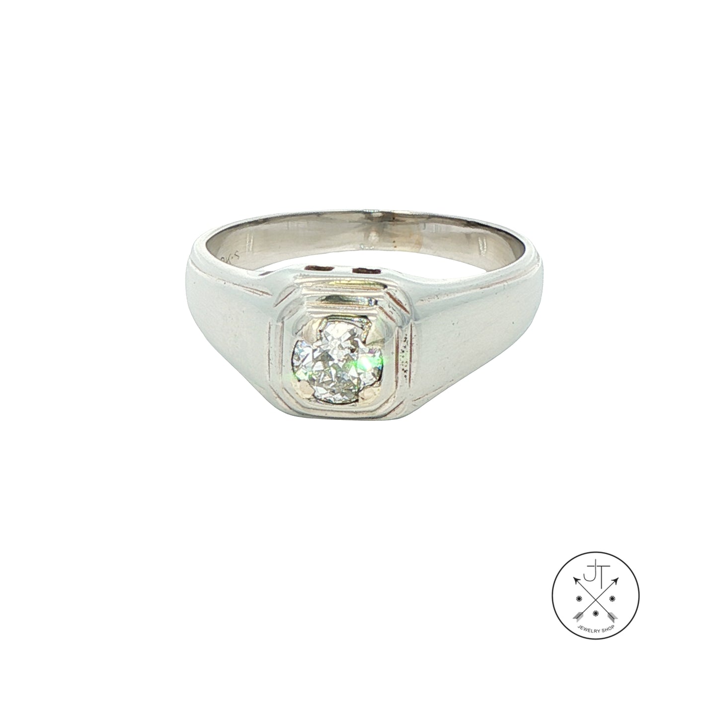 Vintage 18k White Gold Unisex Ring .50 ct Natural Diamond Old Miner Size 9 Solitaire