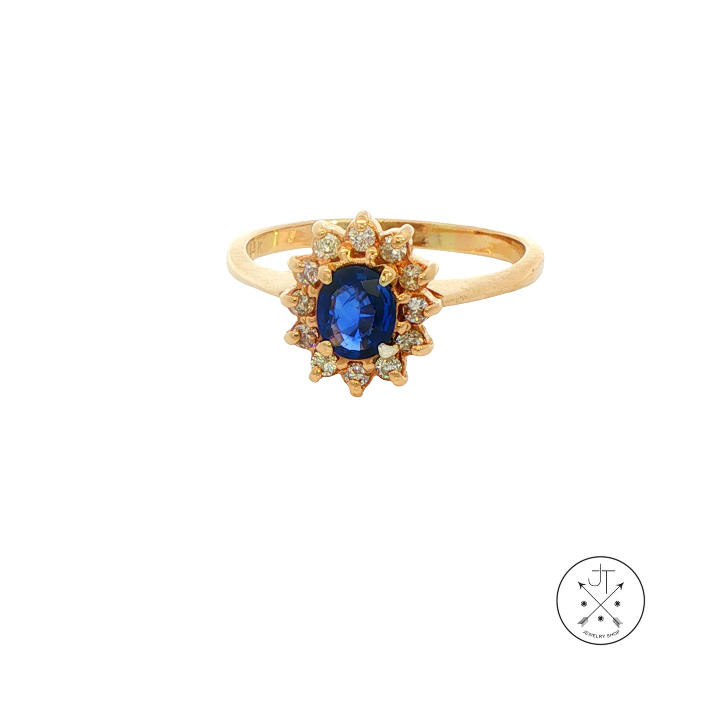 Vintage 14k Yellow Gold Ring with Natural Sapphire Diamond Halo Size 9