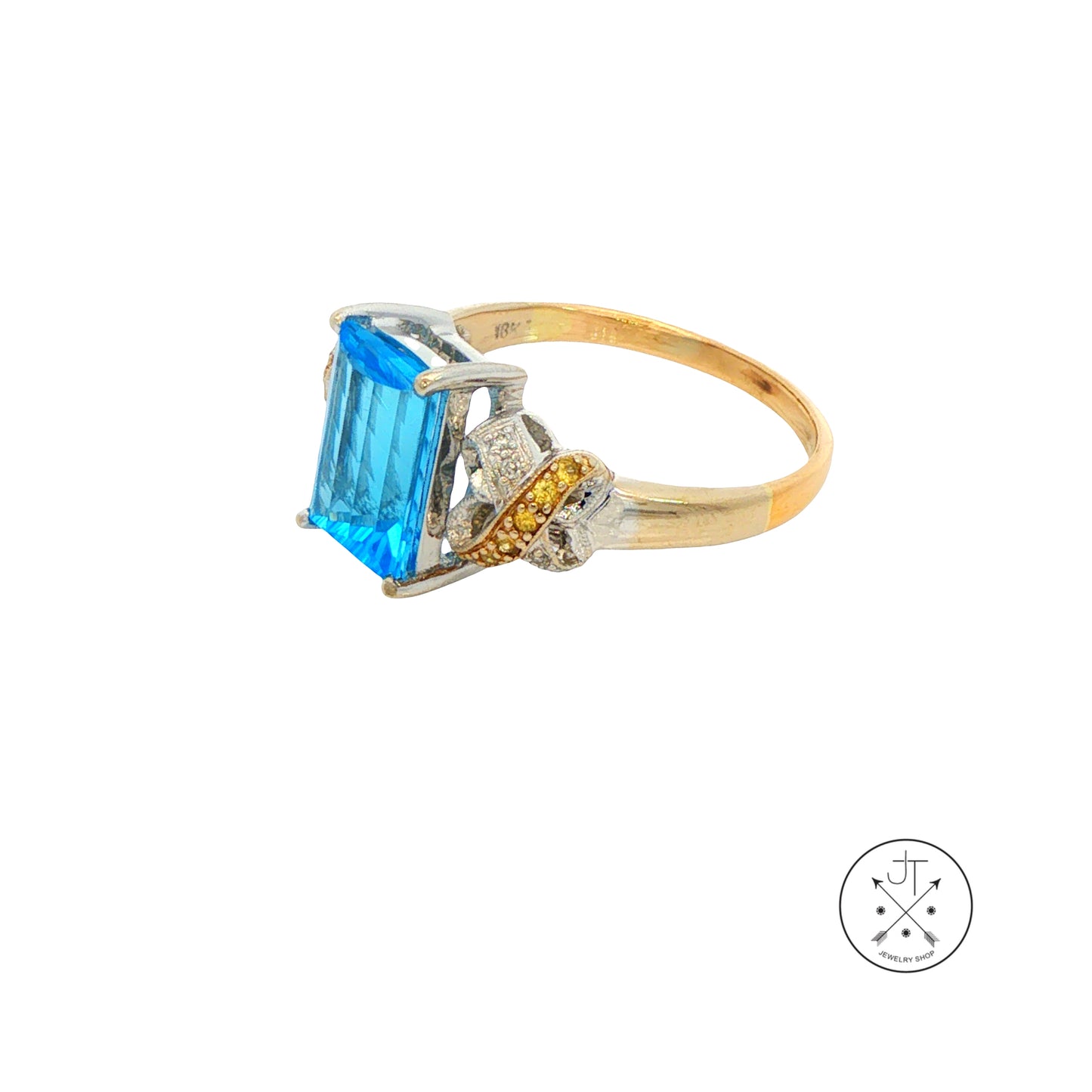 Vintage 18k 2-Tone Gold Ring with Natural Topaz and Diamond Size 8.5 Fantasy Cut