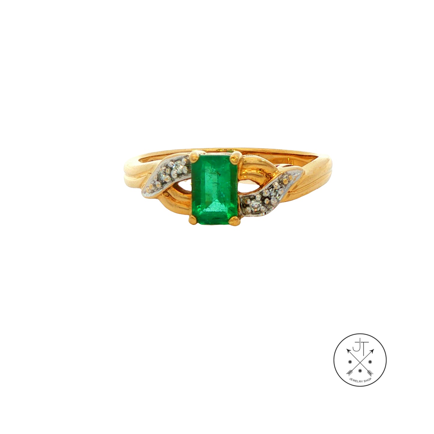 Vintage 18k Yellow Gold Ring with Natural Emerald and Diamonds Size 7