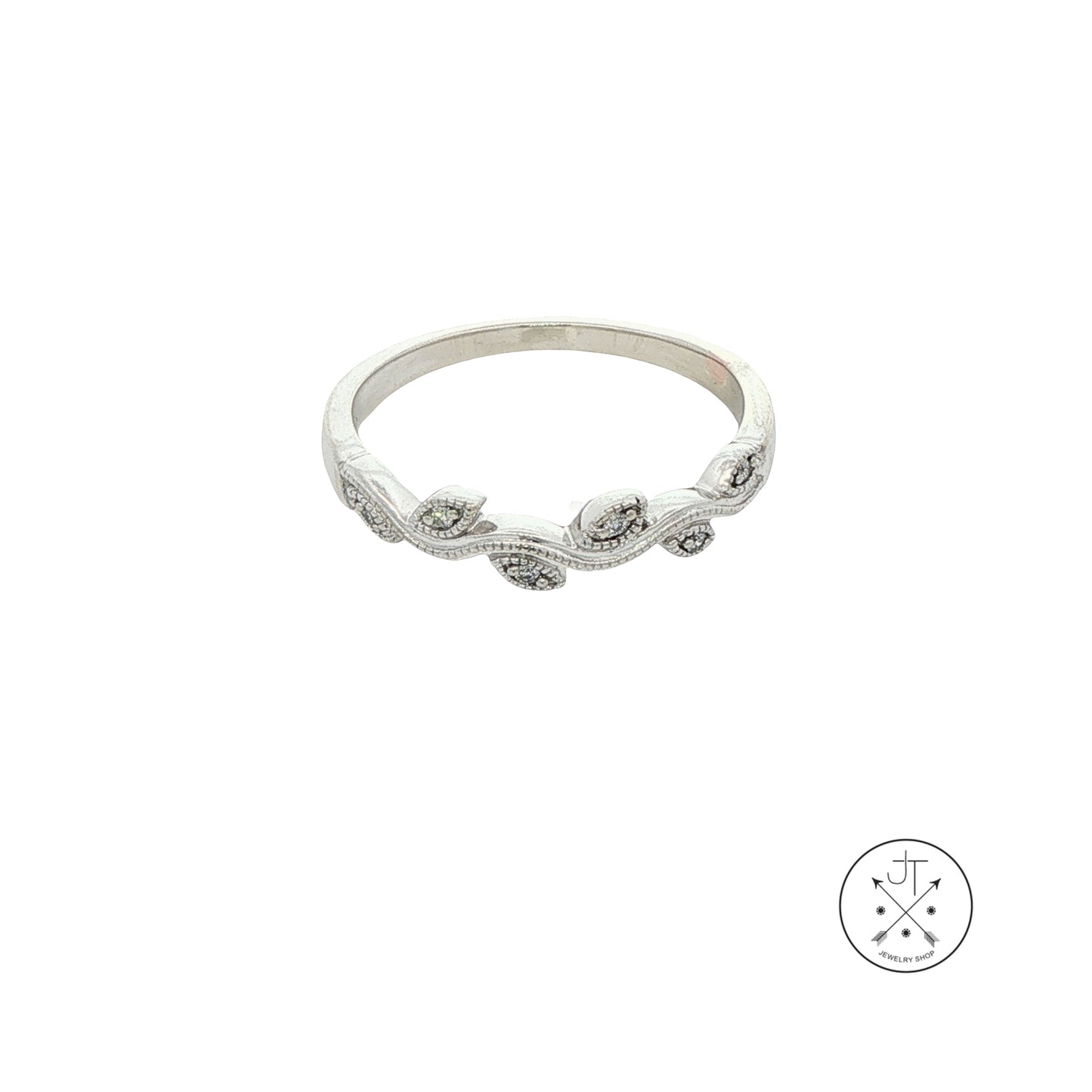 14k White Gold Leaf and Vine Band with .04 ctw Natural Diamonds Size 6.75 Thin Stack