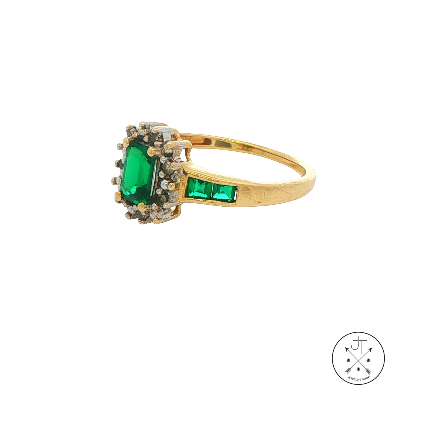Vintage 10k Yellow Gold Ring with Natural Zambian Emeralds and Diamonds Size 7.25