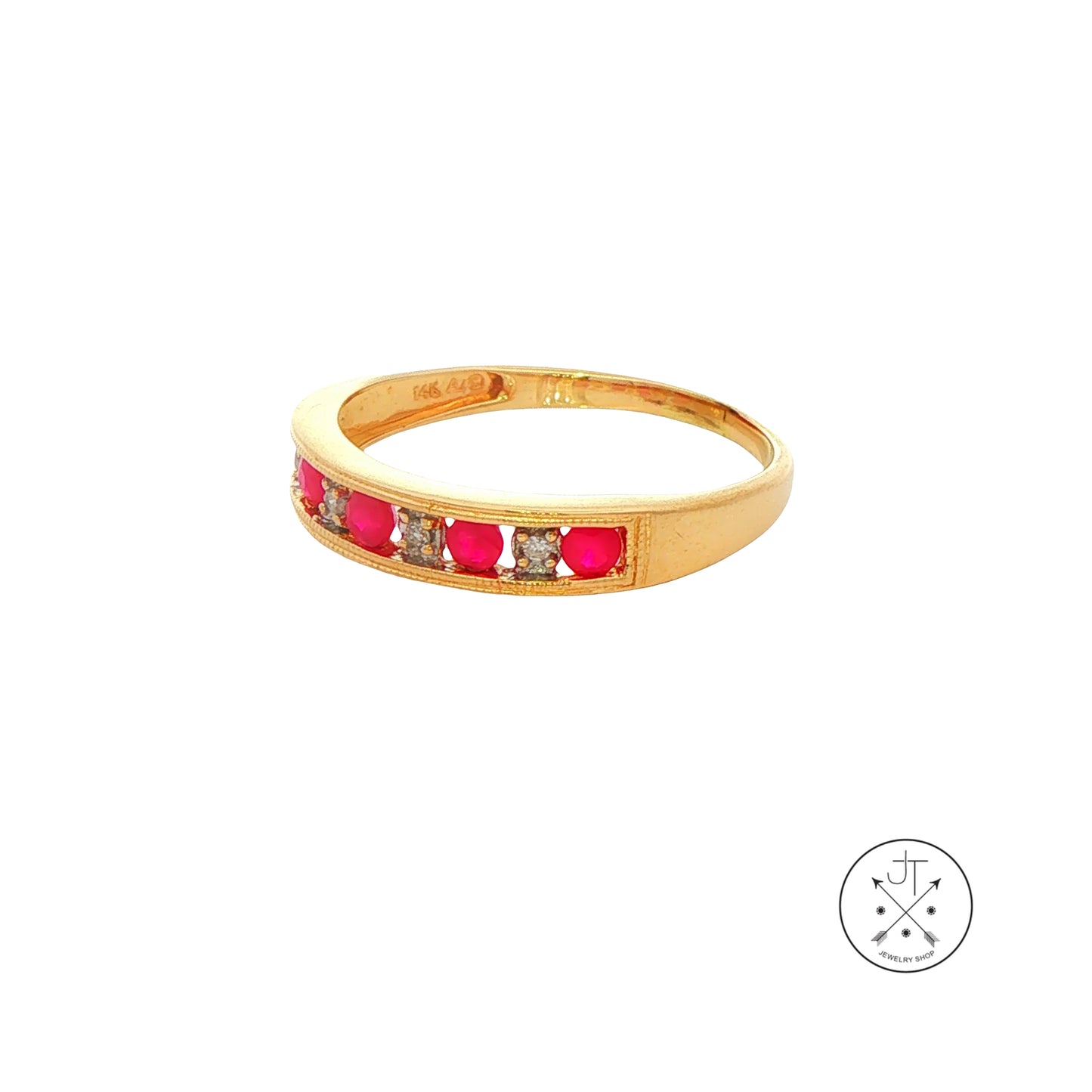 Vintage 14k Yellow Gold 4 mm Band with Natural Ruby and Diamond Size 9.25 Stackable