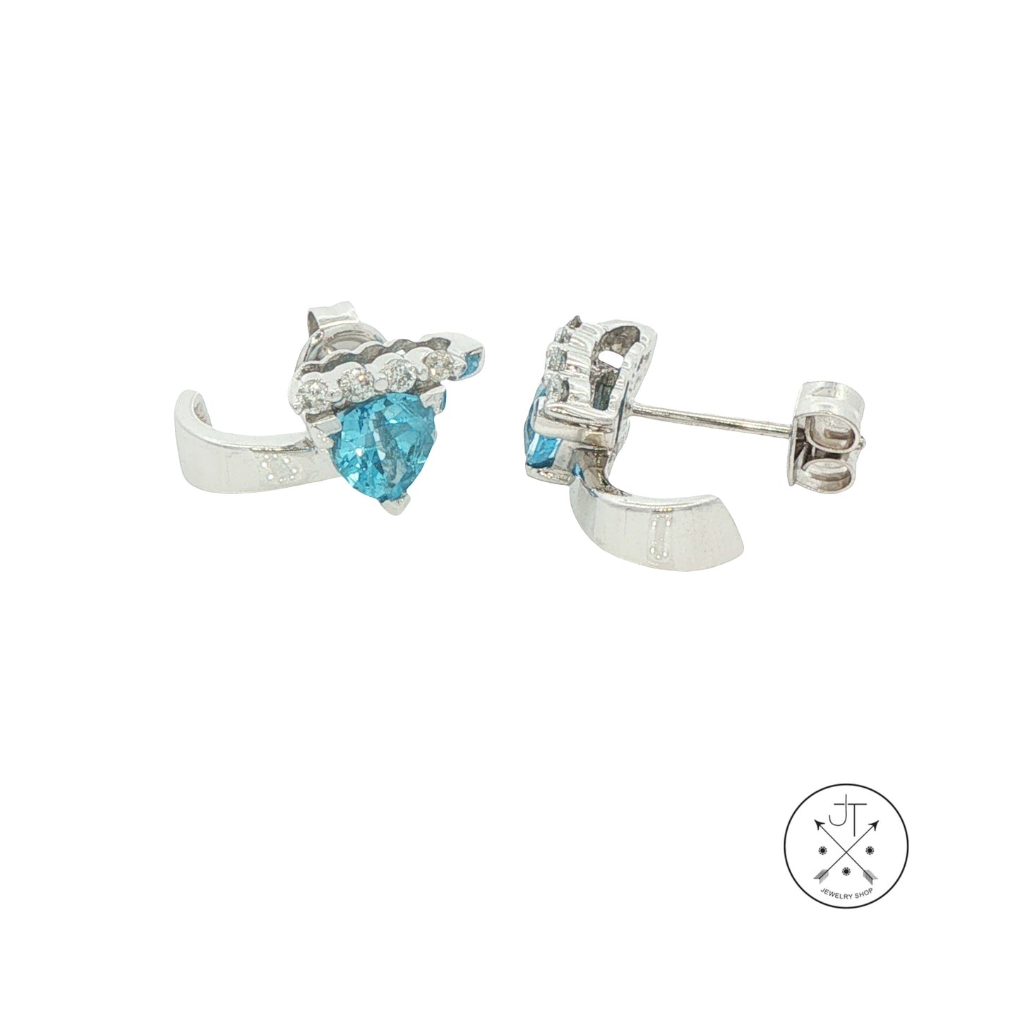 14k White Gold Stud Earrings with Natural Blue Topaz and Diamonds