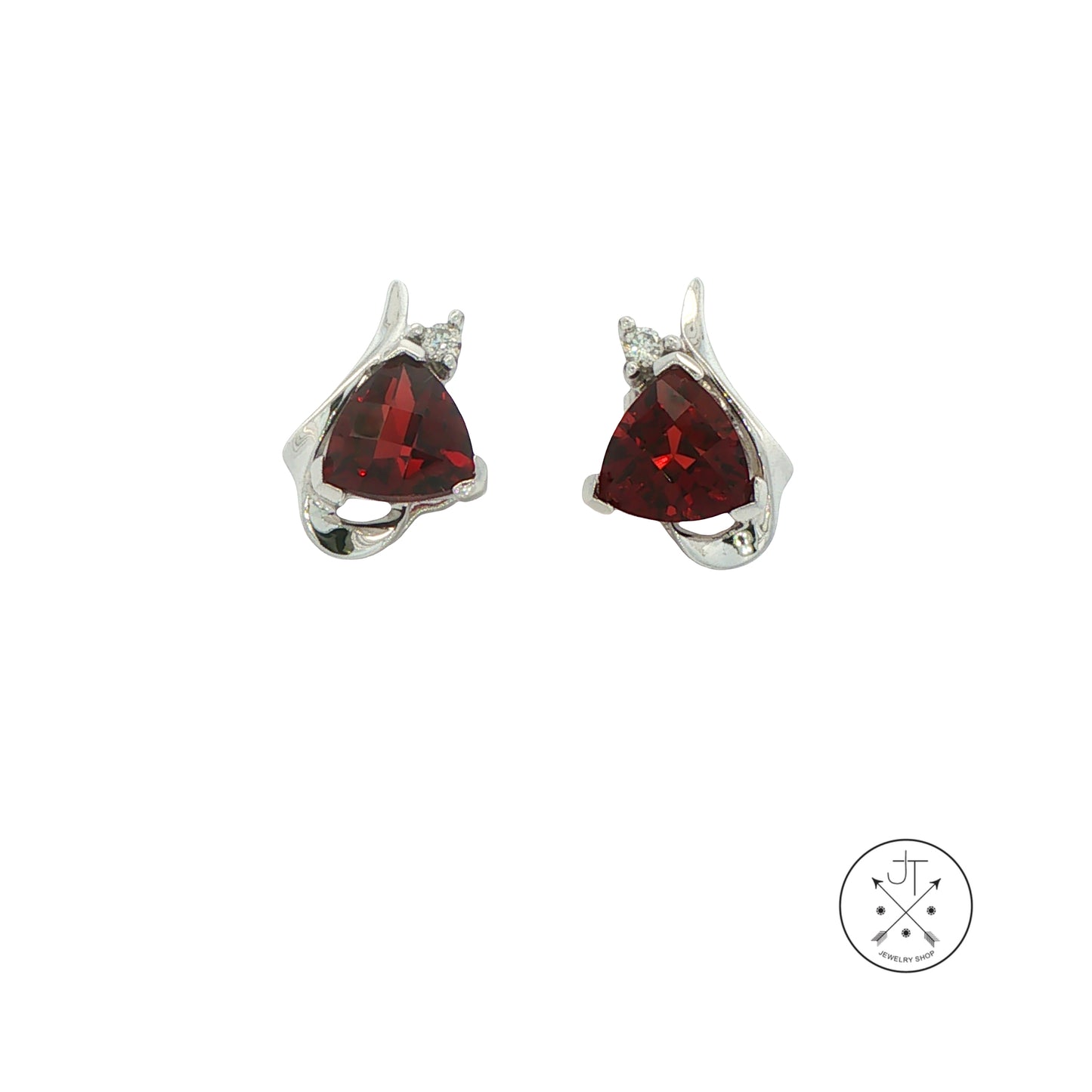 14k White Gold Stud Earrings with Natural Garnet and Diamond