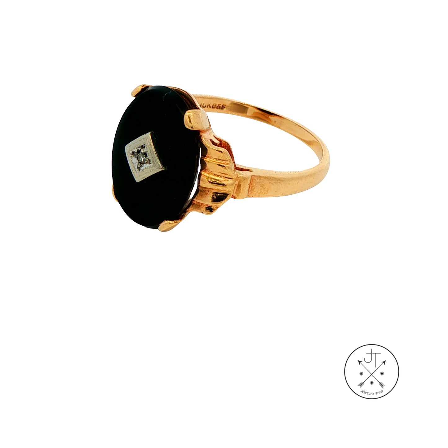 Vintage 10k Yellow Gold Ring Size 9 with Black Onyx and Diamond Baden Foss