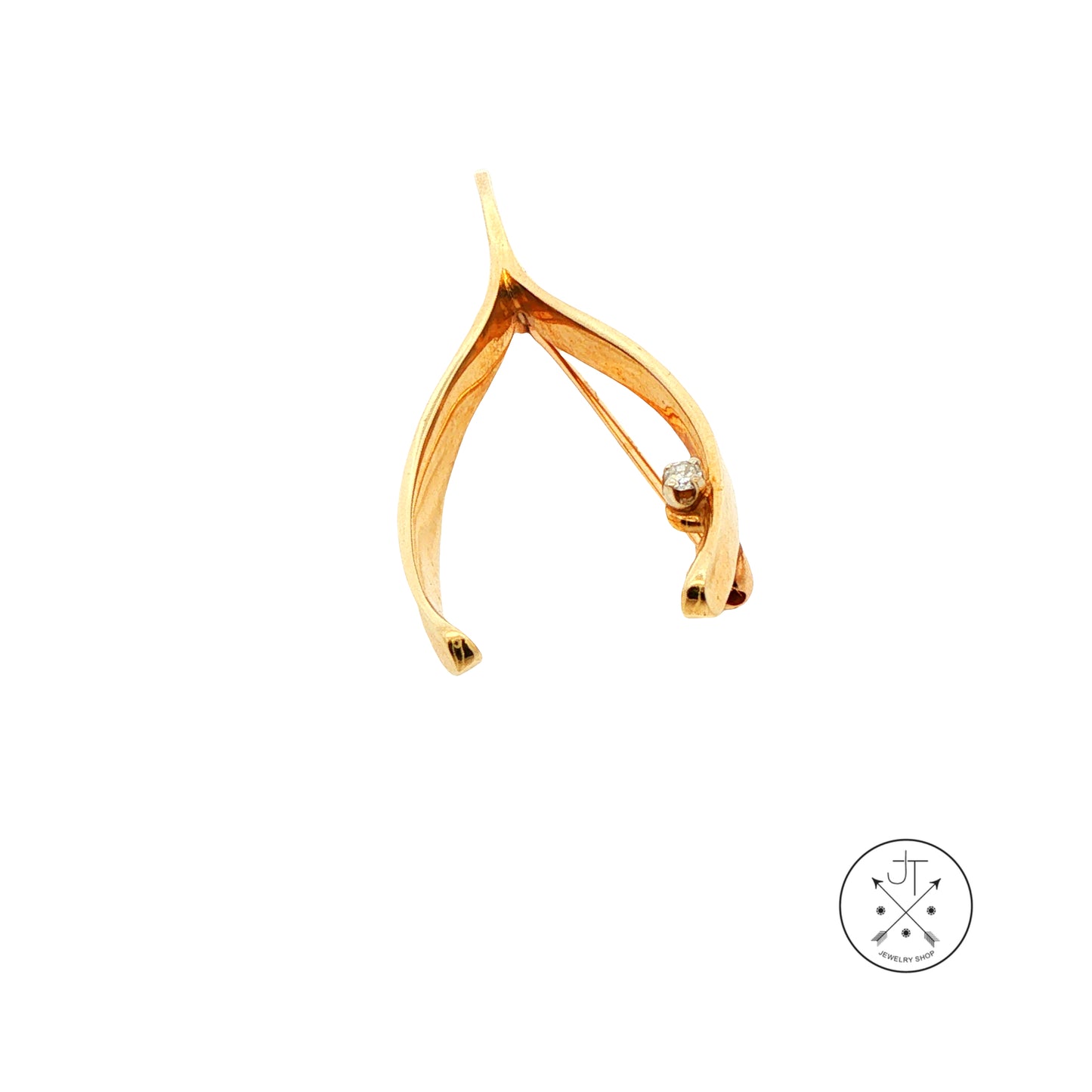 Vintage 14k Yellow Gold Wishbone Brooch with Natural Diamond