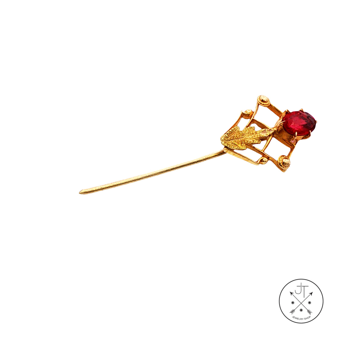 Antique 10k Yellow Gold Stick Pin with Red Glass