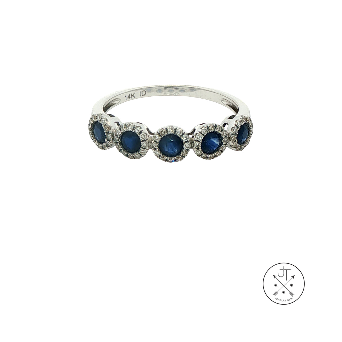 14k White Gold Natural Sapphire and Diamond Halo Five-Stone Band Size 7