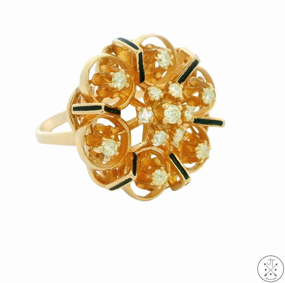 Vintage 14k Yellow Gold Flower Ring with Diamonds and Enamel Size 7.5