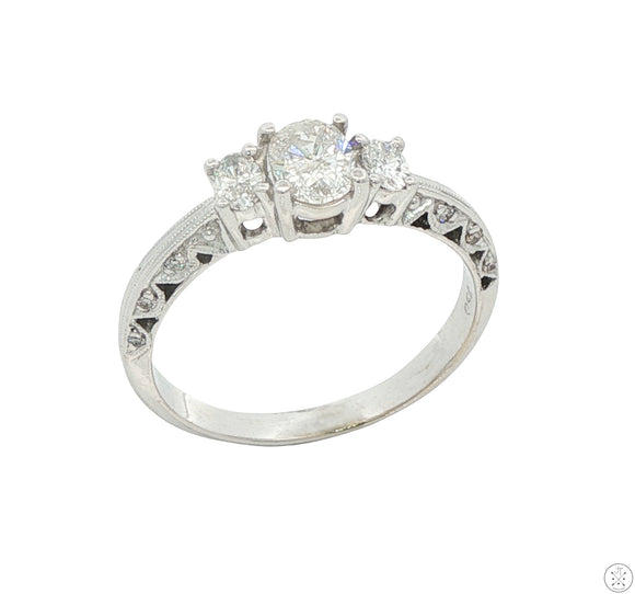 18k White Gold 3-Stone Engagement Ring with Oval Diamonds Size 8.75