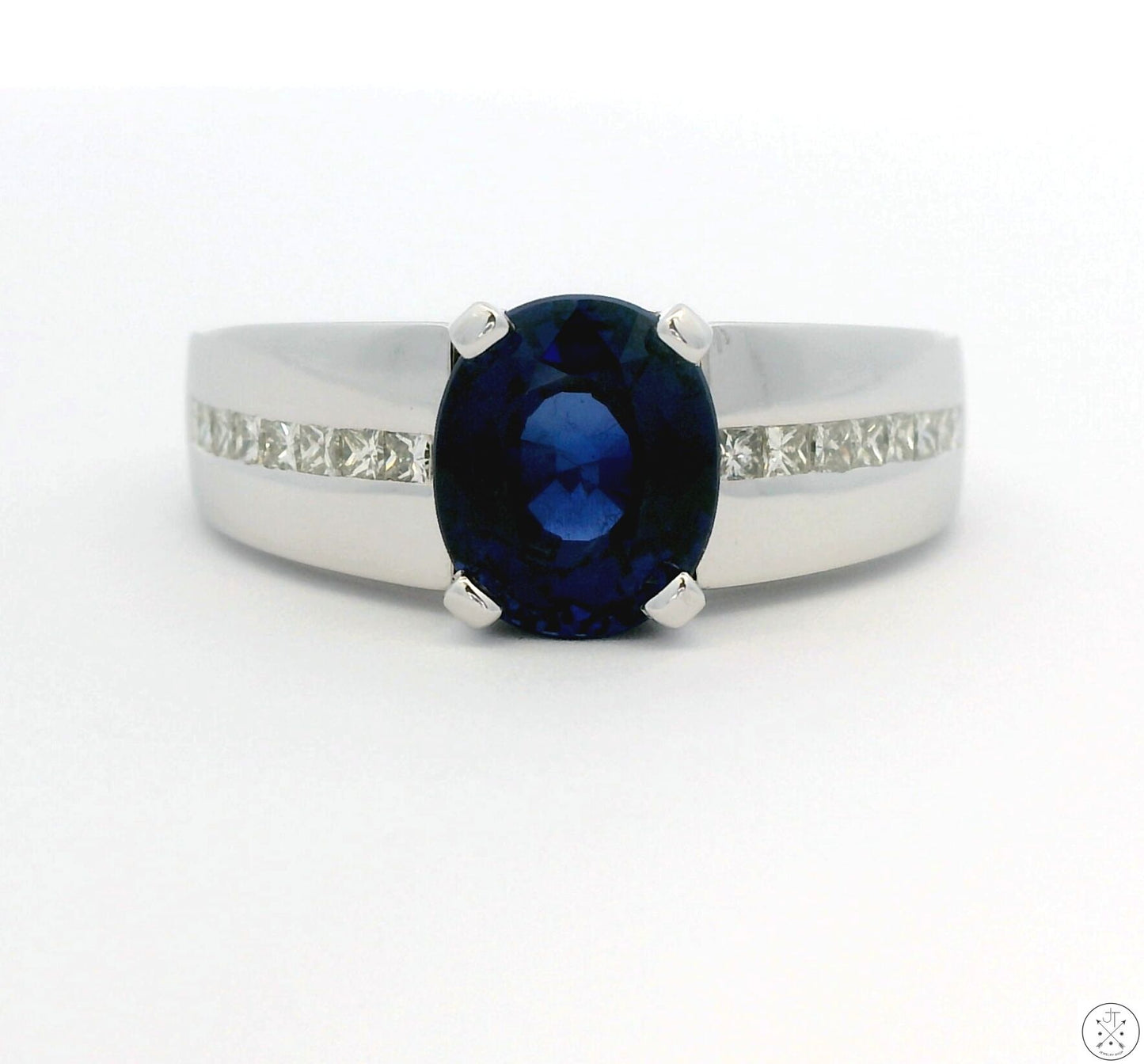 14k White Gold Ring with Lab Sapphire and Natural Diamond Size 10.75
