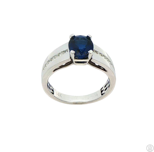 14k White Gold Ring with Lab Sapphire and Natural Diamond Size 10.75