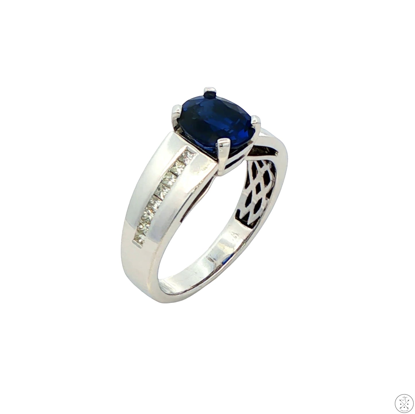 14k White Gold Ring with Lab Sapphire and Natural Diamond Size 10.75
